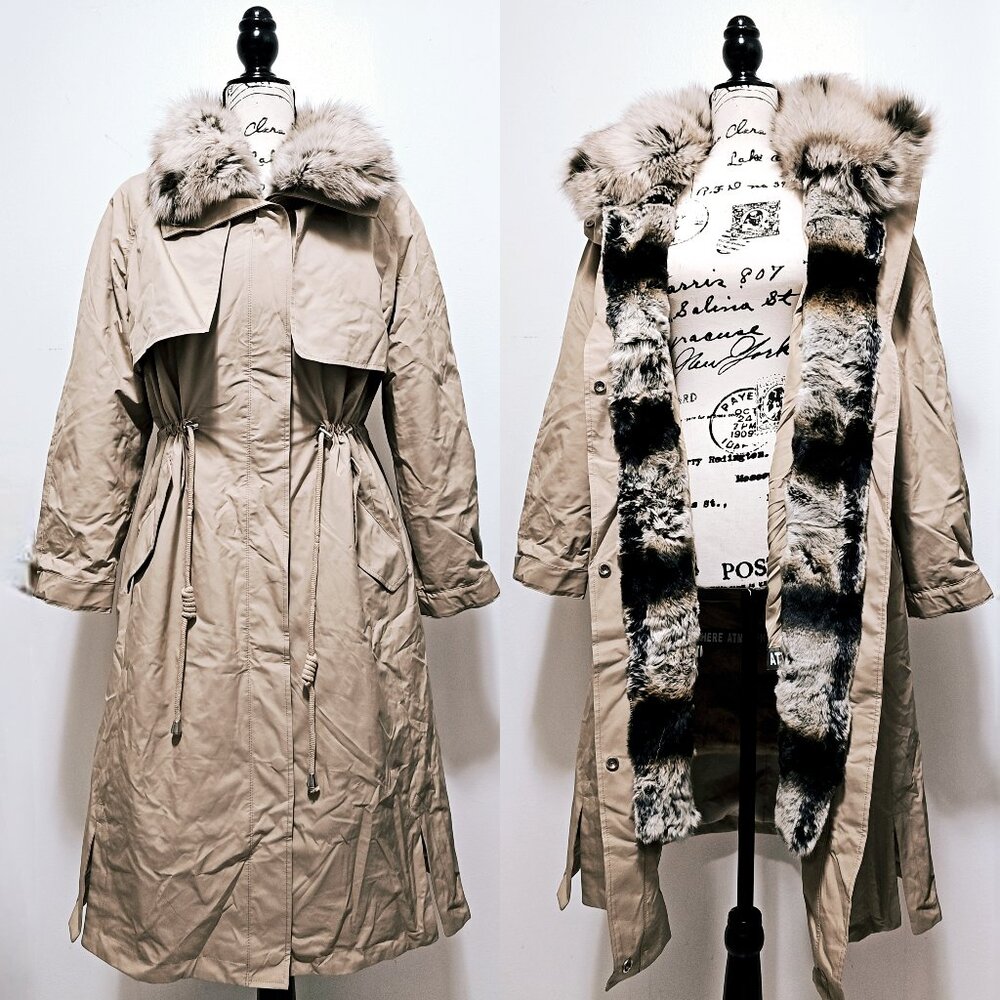 New Real Chinchilla Rex Rabbit Lapin Fur-Lined Parka Jacket Coat Sand Fox NoMink